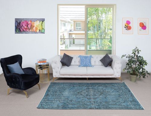 5x8.2 Ft Contemporary Hand Knotted Turkish Wool Area Rug Re Dyed In Blue Color photo furniture