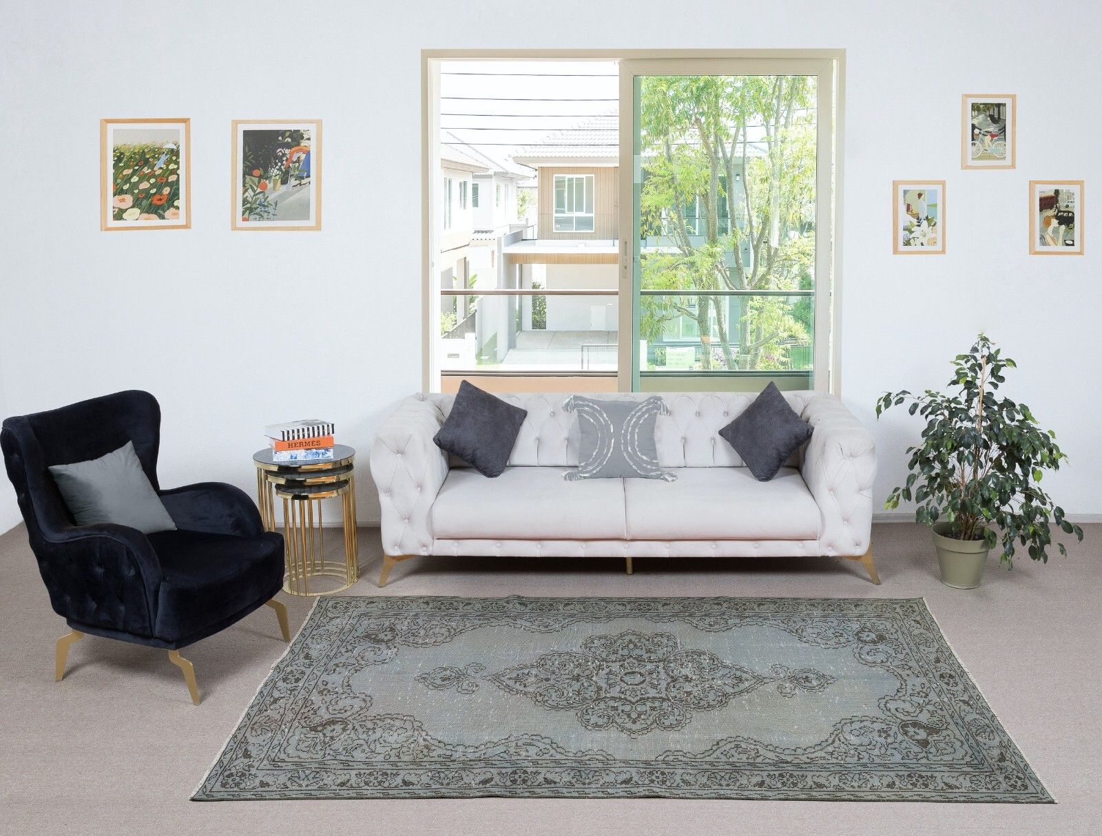 5.7x9 Ft Blue Area Rug For Modern Interiors, Handmade In Turkey photo furniture