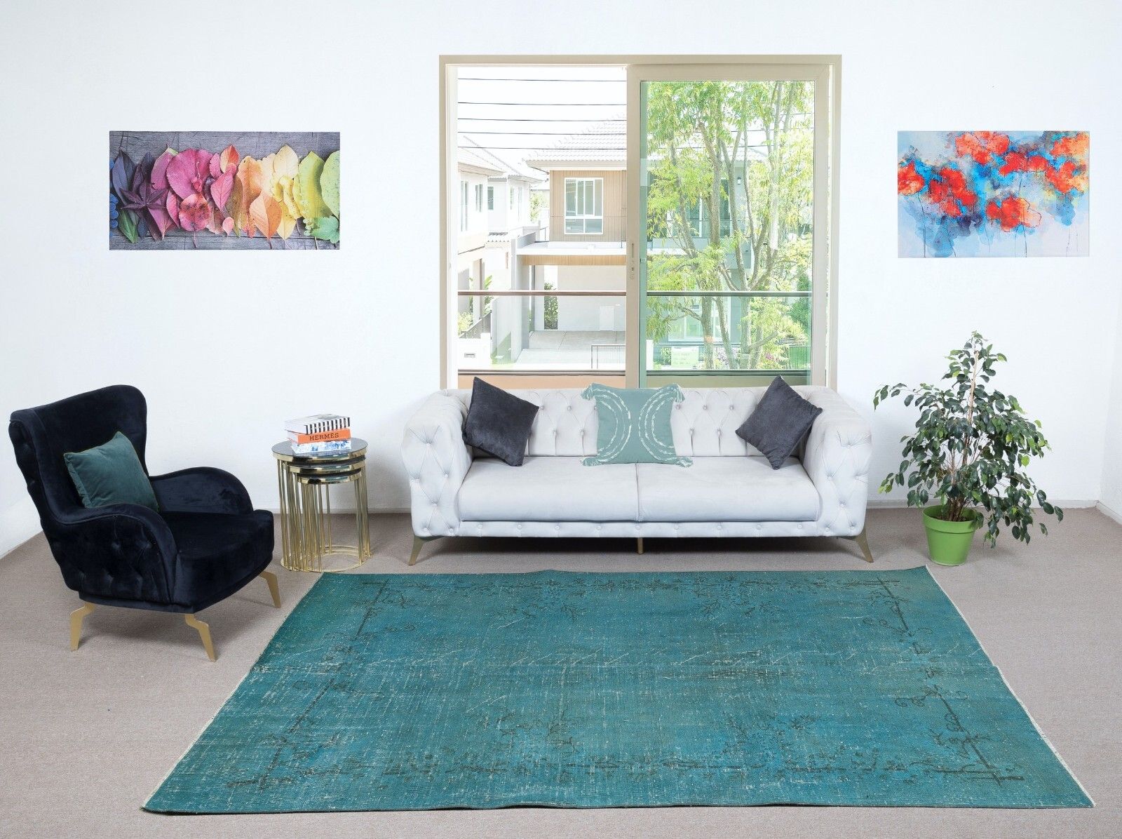 6.7x10 Ft Teal Blue Area Rug For Modern Interiors, Handmade In Turkey photo furniture