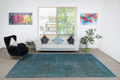 7.5x11.8 Ft Contemporary Handmade Turkish Area Rug Over Dyed In Teal Blue Color photo furniture