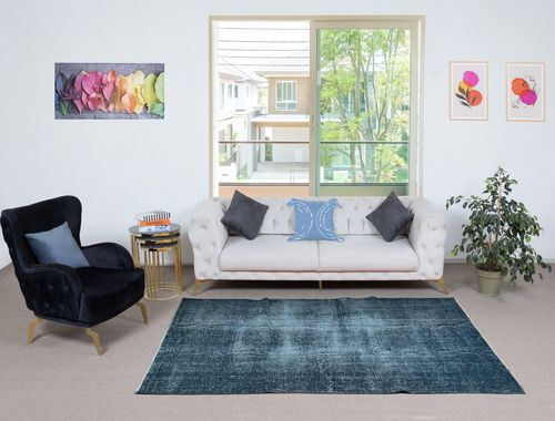 5x8.3 Ft Modern Area Rug Overdyed In Solid Blue, Hand Knotted In Turkey photo furniture