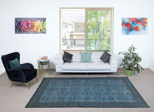 6.6x10.2 Ft Floral Design Handmade Blue Color Turkish Wool Area Rug photo furniture