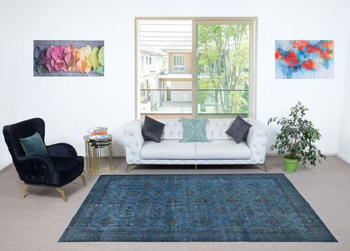 6.3x10 Ft Modern Handmade Floral Patterned Turkish Area Rug Over Dyed In Blue photo furniture