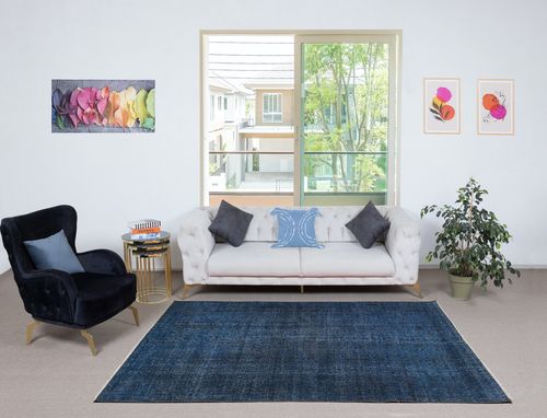 5.3x8.3 Ft Solid Blue Area Rug For Contemporary Interiors, Handmade In Turkey photo furniture