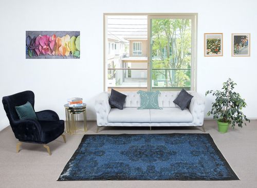 6x8.5 Ft Blue Area Rug For Contemporary Interiors, Handmade In Turkey photo furniture