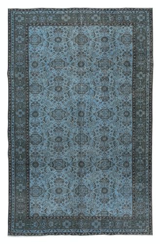 6x9.4 Ft Contemporary Handmade Blue Color Turkish Area Rug With Floral Design