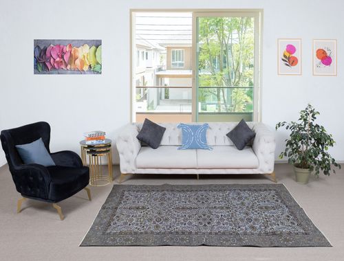 4.8x8 Ft Modern Flower Design Area Rug In Blue, Hand Knotted In Turkey photo furniture