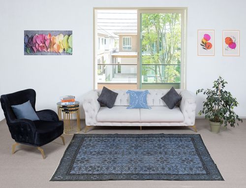 5.2x8.4 Ft Contemporary Handmade Blue Color Turkish Area Rug With Floral Design photo furniture