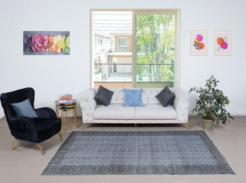 5.3x9.4 Ft Modern Floral Design Area Rug In Blue, Hand Knotted In Turkey photo furniture