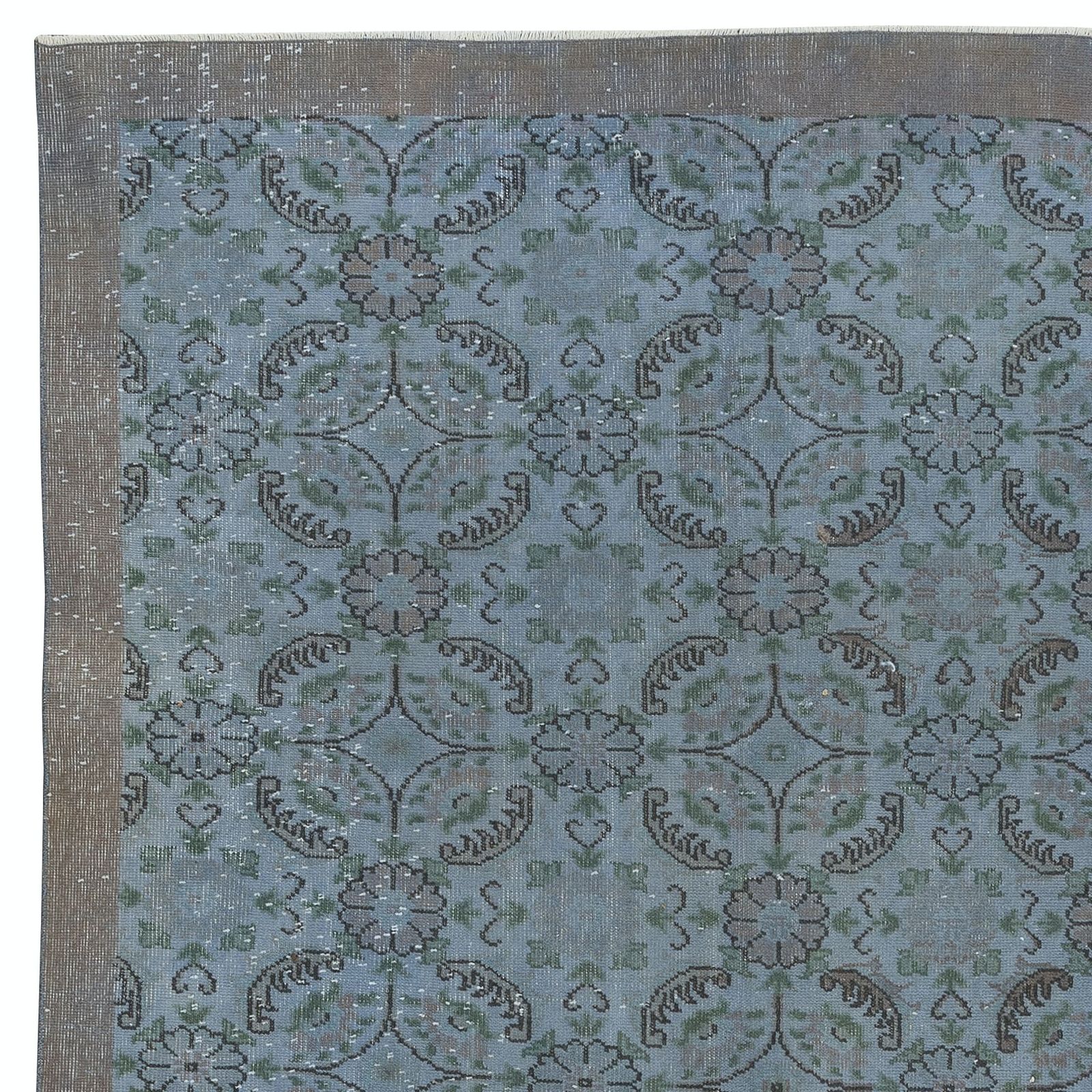 6x9.3 Ft Handmade Floral Turkish Rug With Solid Border & Light Blue Background photo Textiles