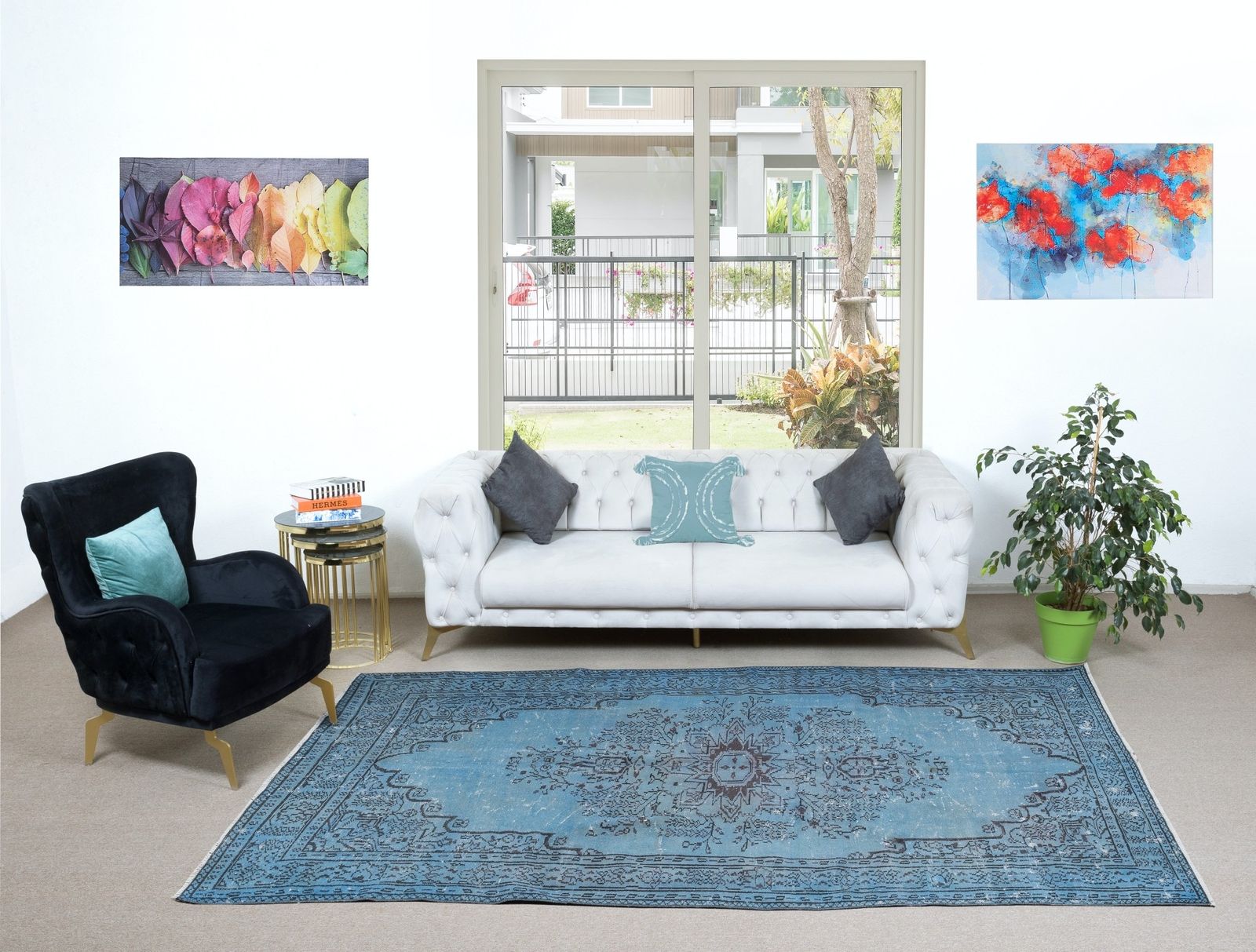 6.2x10 Ft Modern Light Blue Area Rug, Room Size Handmade Overdyed Turkish Carpet photo furniture
