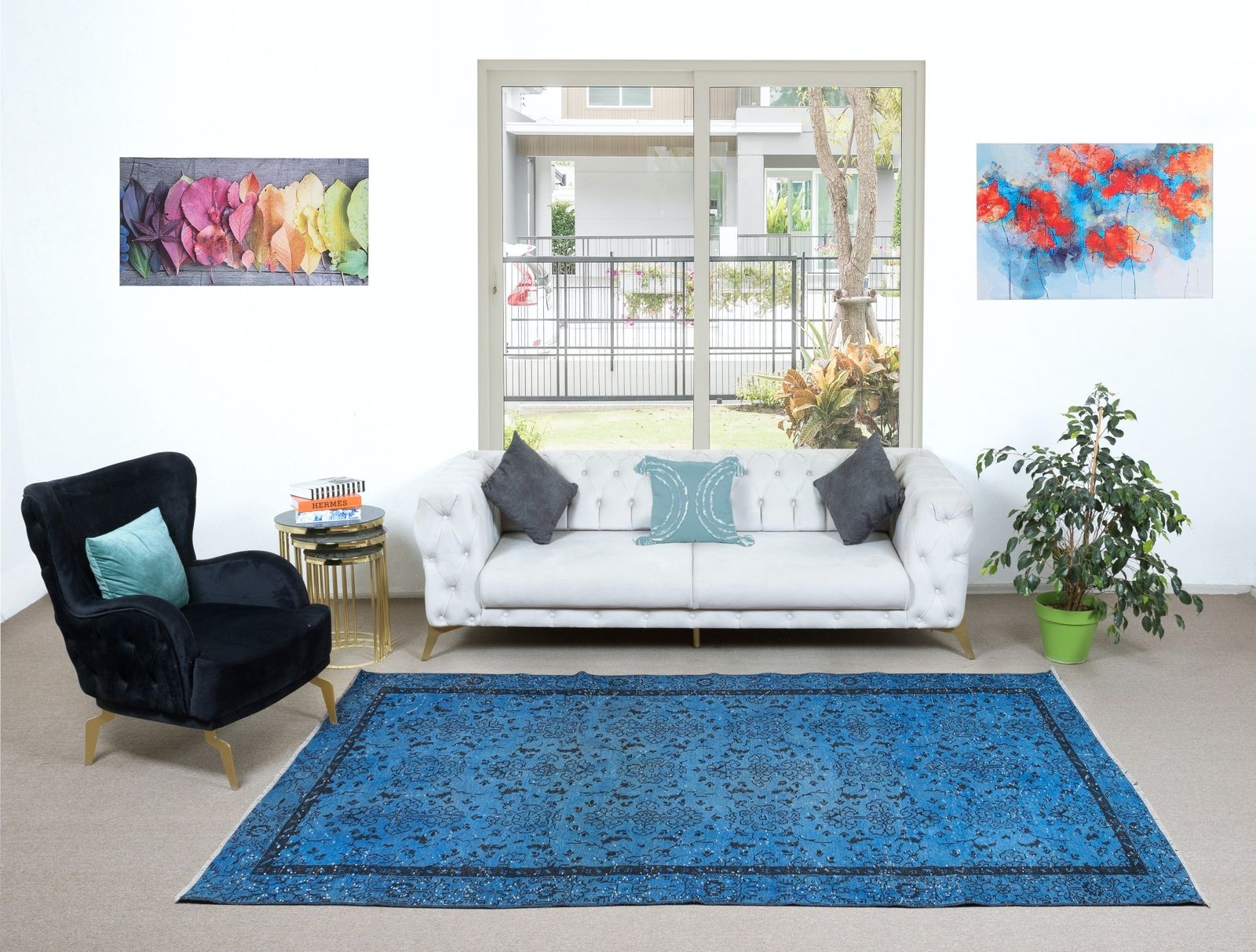 6.2x10 Ft Blue Handmade Area Rug, Turkish Carpet For Dining Room & Living Room photo furniture