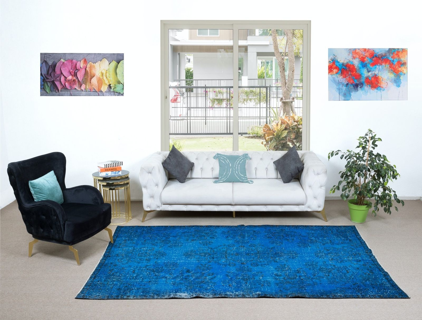 6x9.8 Ft Turkish Area Rug In Blue For Dining Room, Handmade Garden Design Carpet photo furniture