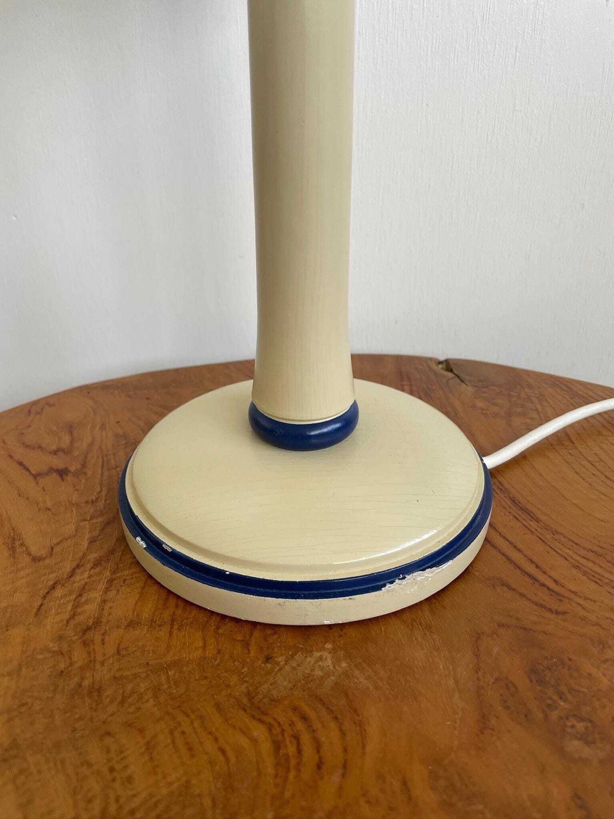 Vintage Scandi Wooden Table Lamp In Blue And Cream With Simple Blue Shade photo furniture