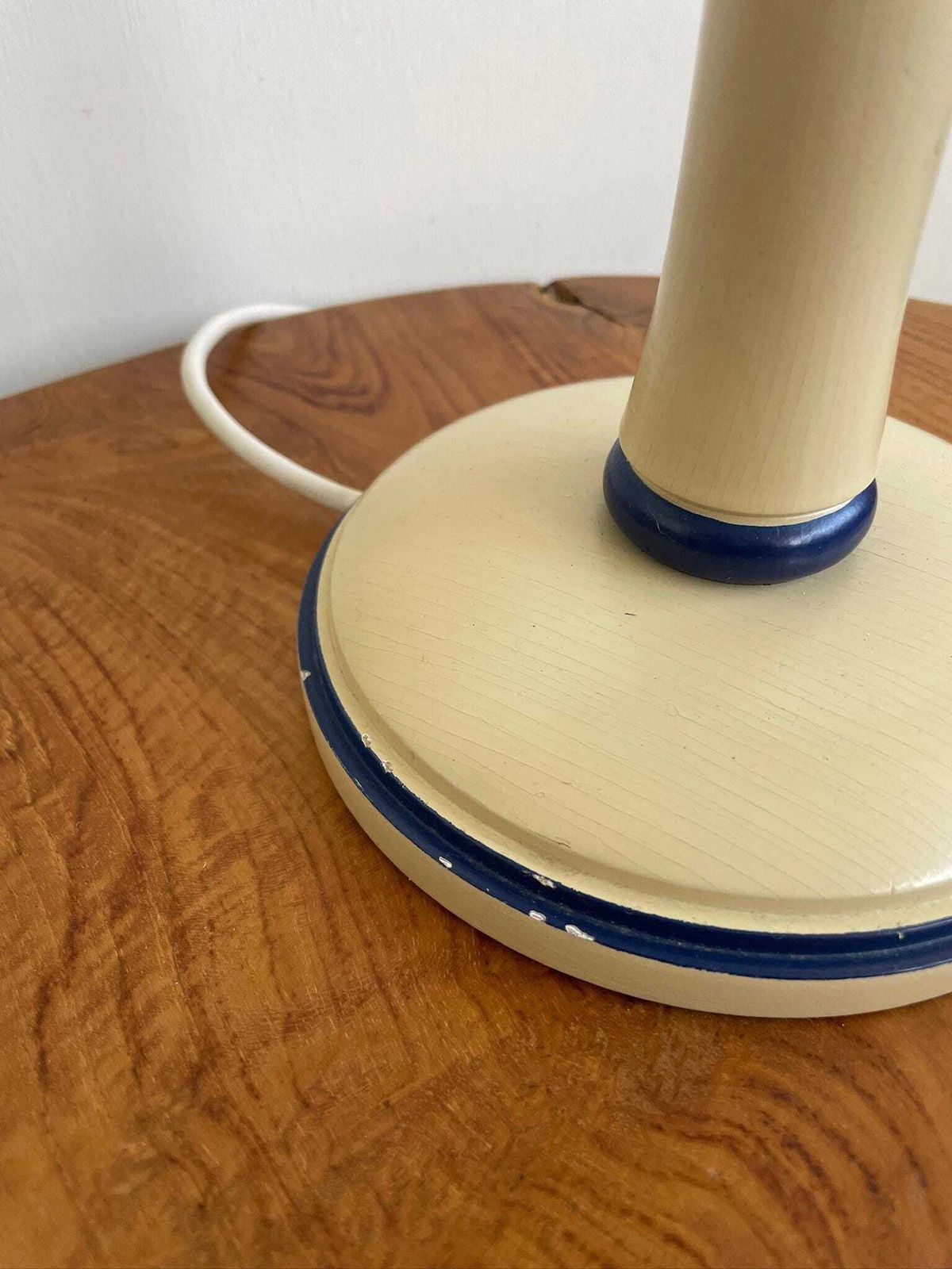 Vintage Scandi Wooden Table Lamp In Blue And Cream With Simple Blue Shade photo 98.0