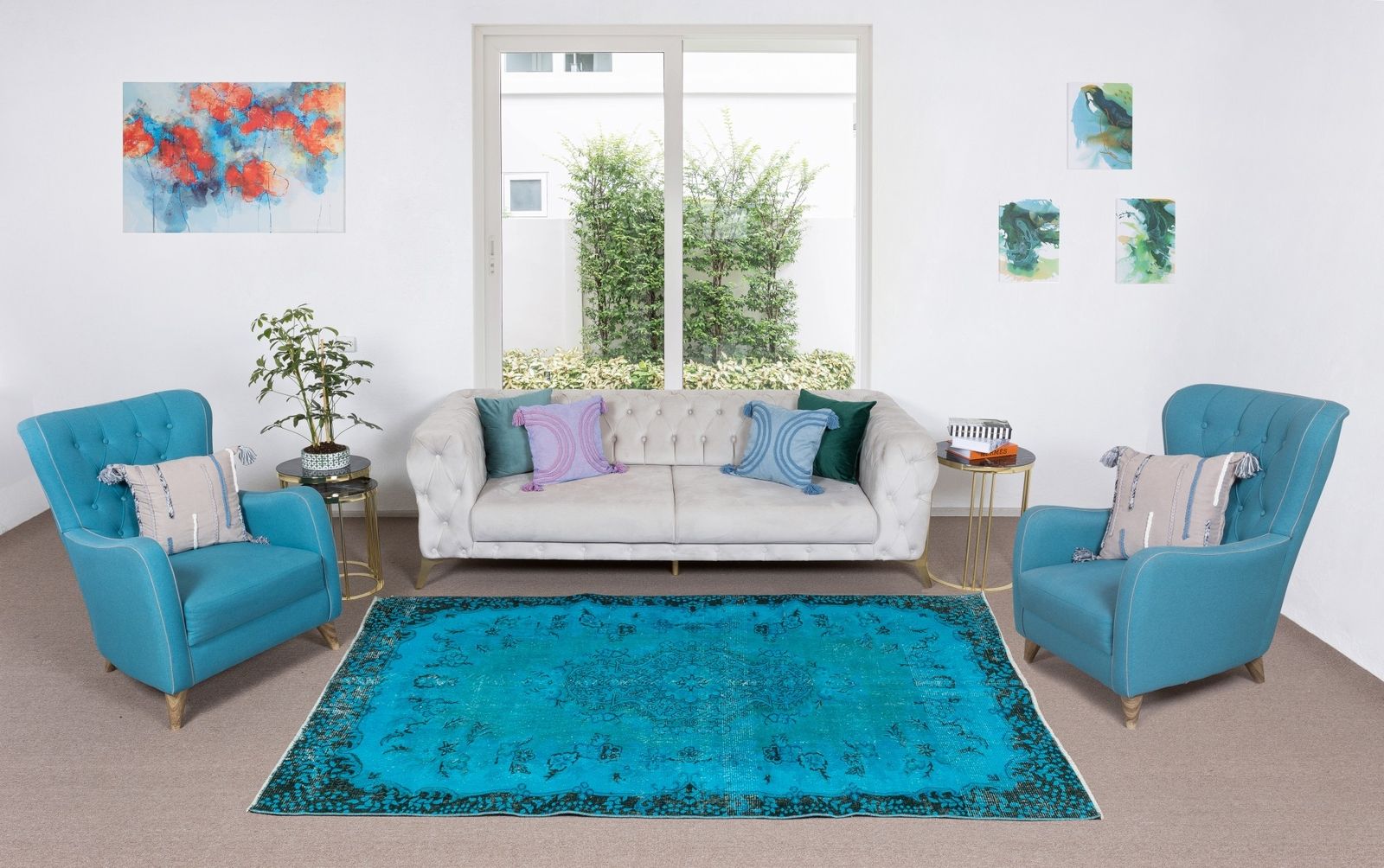 5.4x8.8 Ft Modern Handmade Area Rug. Vintage Turkish Carpet Over Dyed In Teal photo furniture