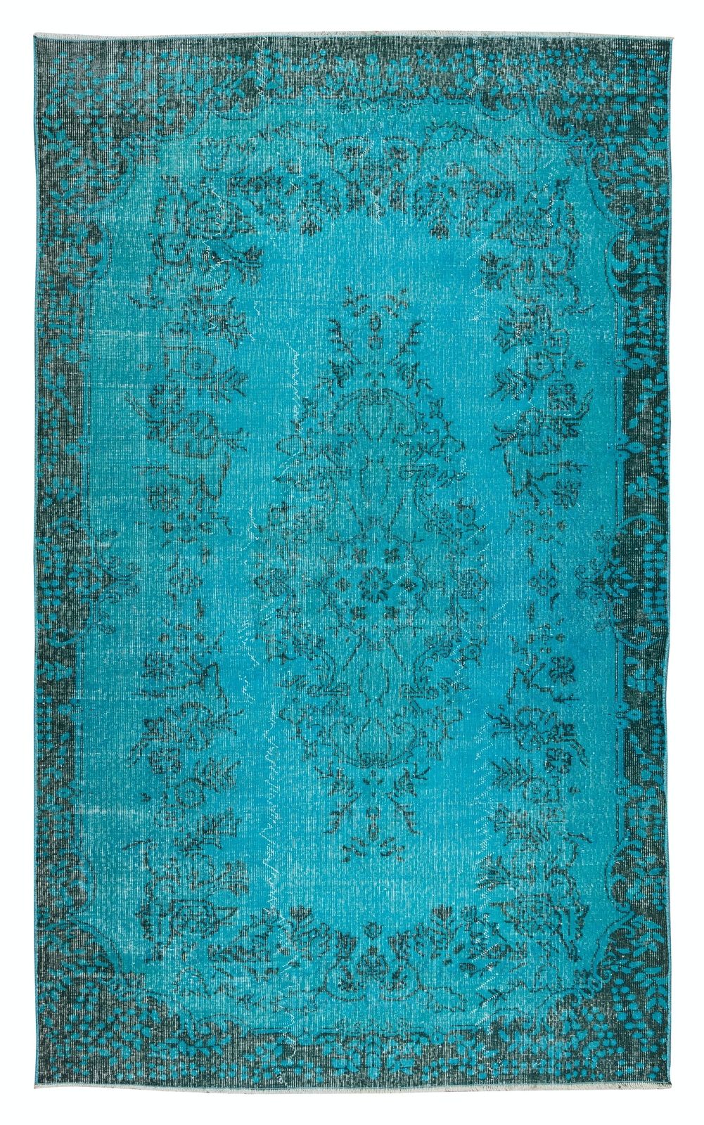 5.9x9.8 Ft Vintage Handmade Turkish Rug Over Dyed In Teal 4 Modern Interiors