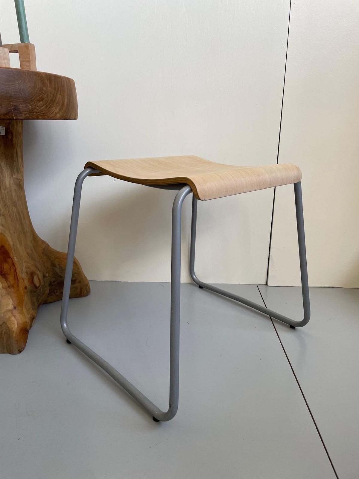 Vintage Ikea Plywood Stool Designed By Kristian Pallar With Bent Metal Frame 90s photo vinterior
