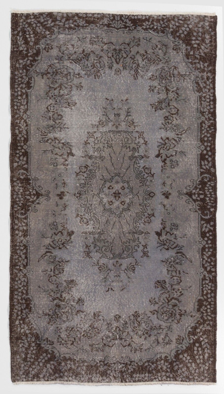 3.8x6.9 Ft Vintage Medallion Design Rug Overdyed In Gray, Handknotted In Turkey