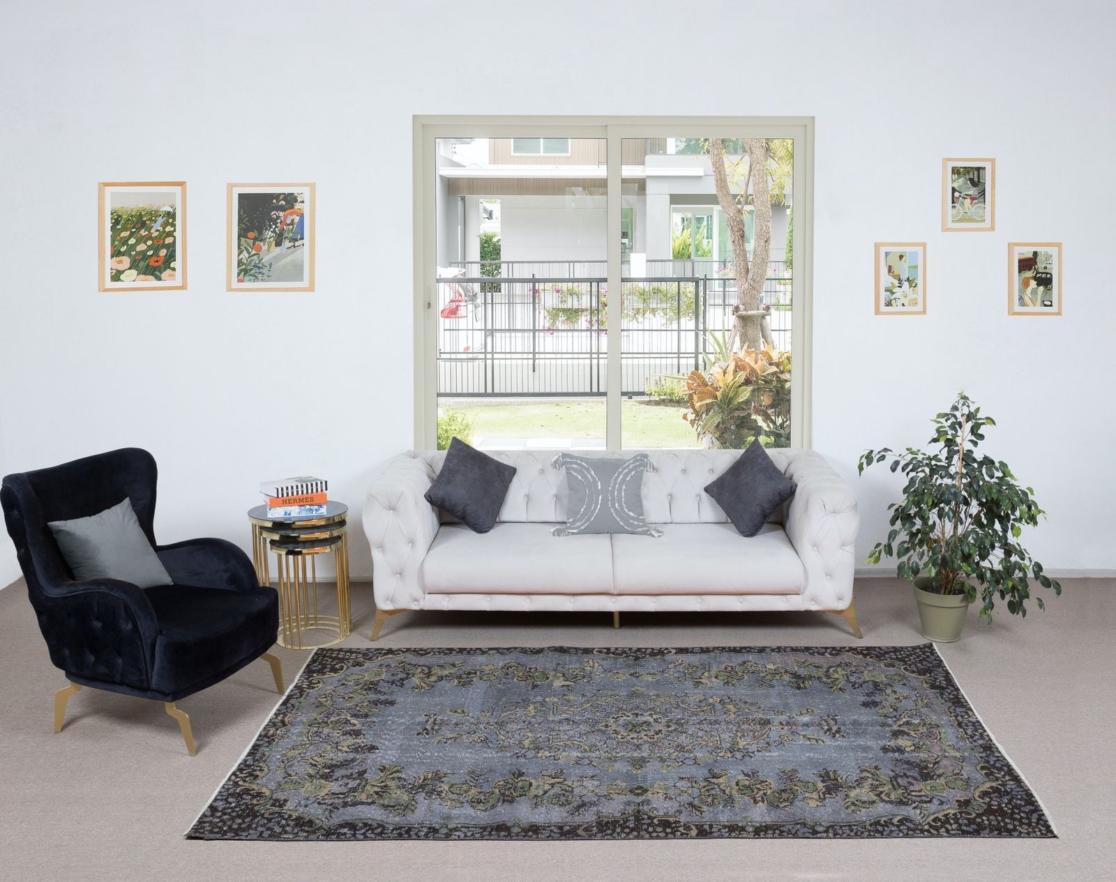5.7x9.8 Ft Hand Made Turkish Rug With Medallion In Iron Gray, Beige & Army Green photo furniture
