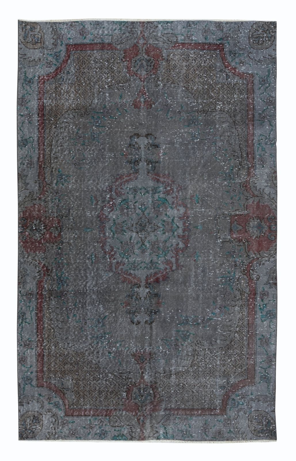 5.3x8.3 Ft Modern Handmade Turkish Low Pile Area Rug In Gray, Maroon Red & Green