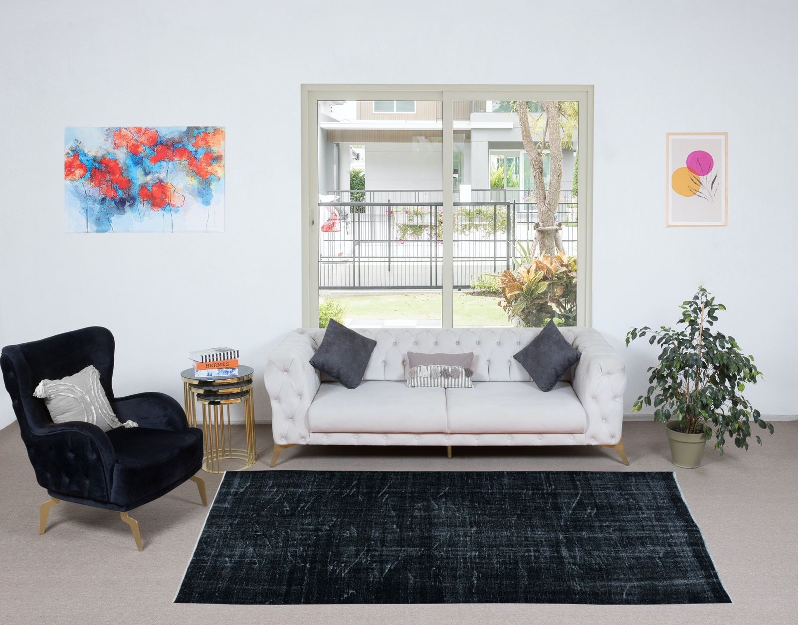 5.2x9.6 Ft Overdyed Black Area Rug, Handmade In Turkey, Modern Upcycled Carpet photo furniture