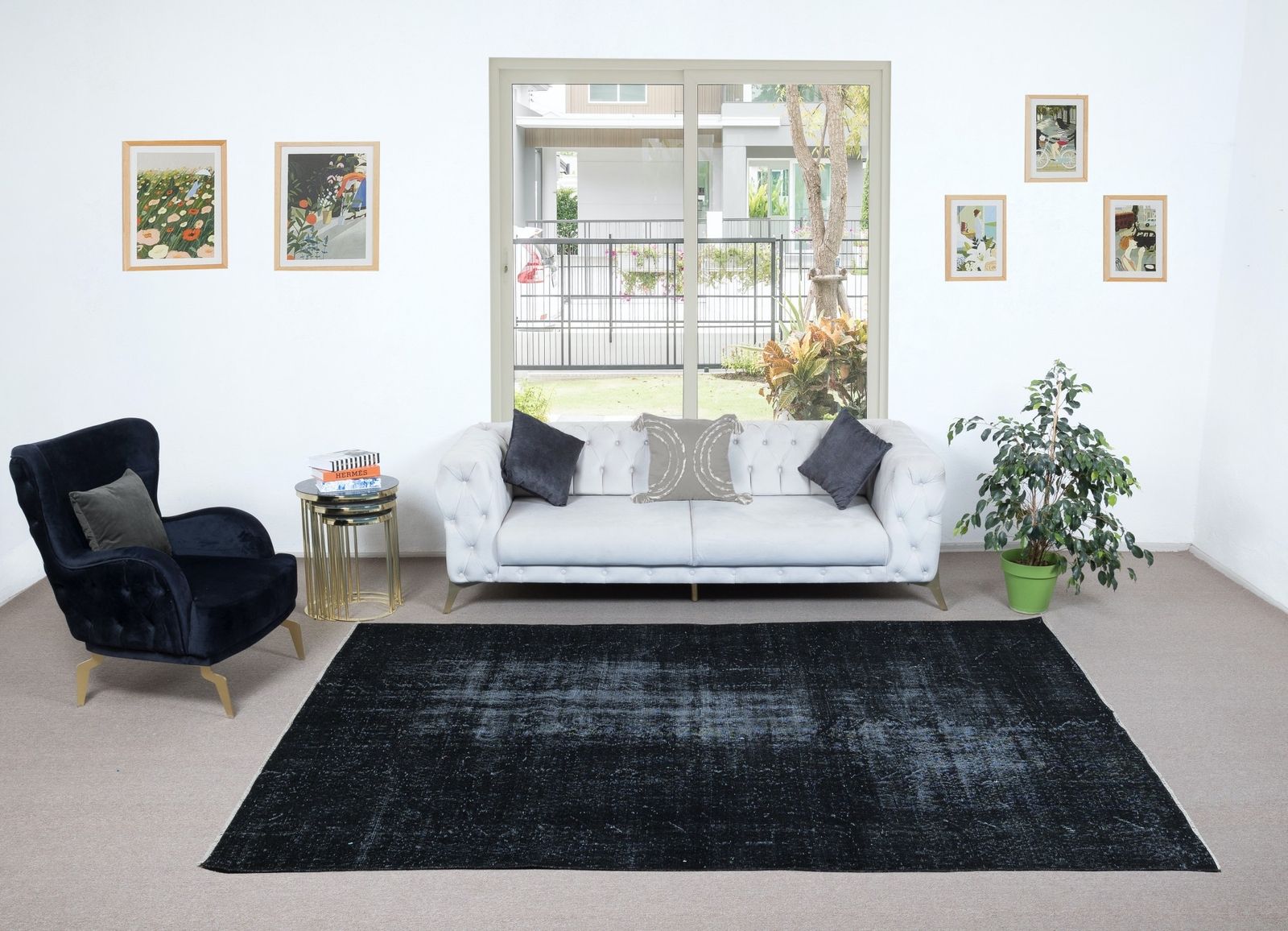 6.7x9.7 Ft Overdyed Black Area Rug, Handmade In Turkey, Modern Upcycled Carpet photo furniture