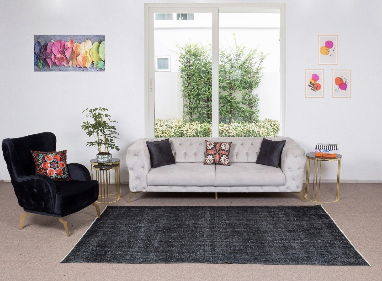 5.6x9 Ft Modern Anatolian Area Rug Over Dyed In Black, Vintage Handmade Carpet photo furniture