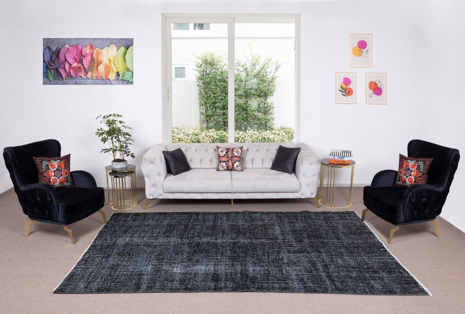 6.7x10.4 Ft Vintage Handmade Turkish Rug Over Dyed In Black For Modern Interior photo furniture