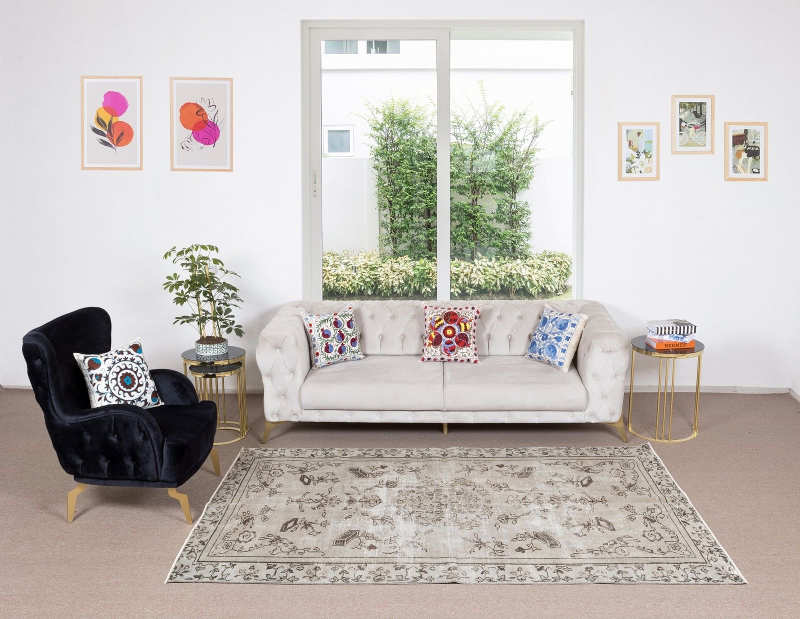 5.5x8.7 Ft Vintage Floral Rug Overdyed In Gray, Handknotted In Turkey photo furniture