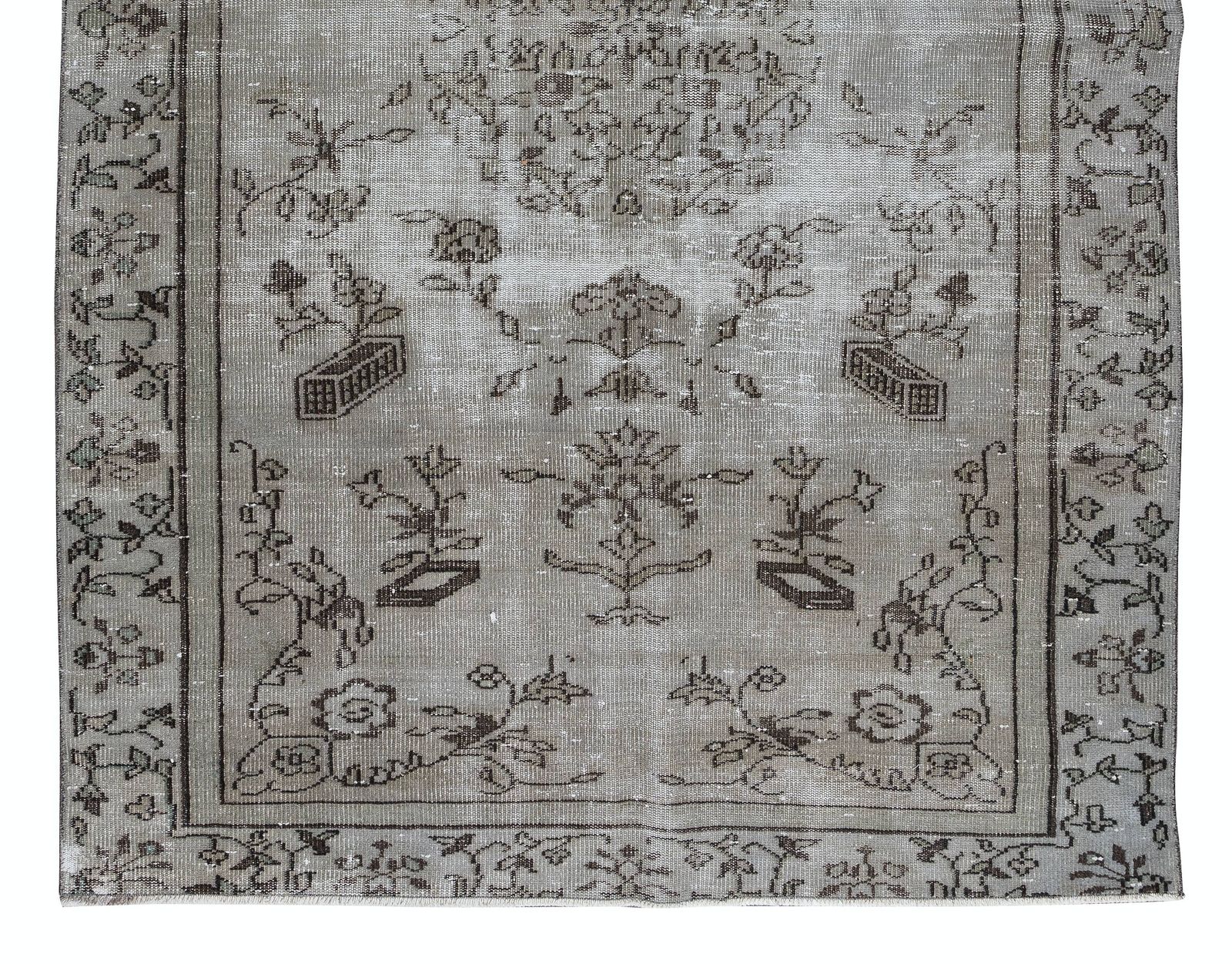 5.5x8.7 Ft Vintage Floral Rug Overdyed In Gray, Handknotted In Turkey photo 490.0
