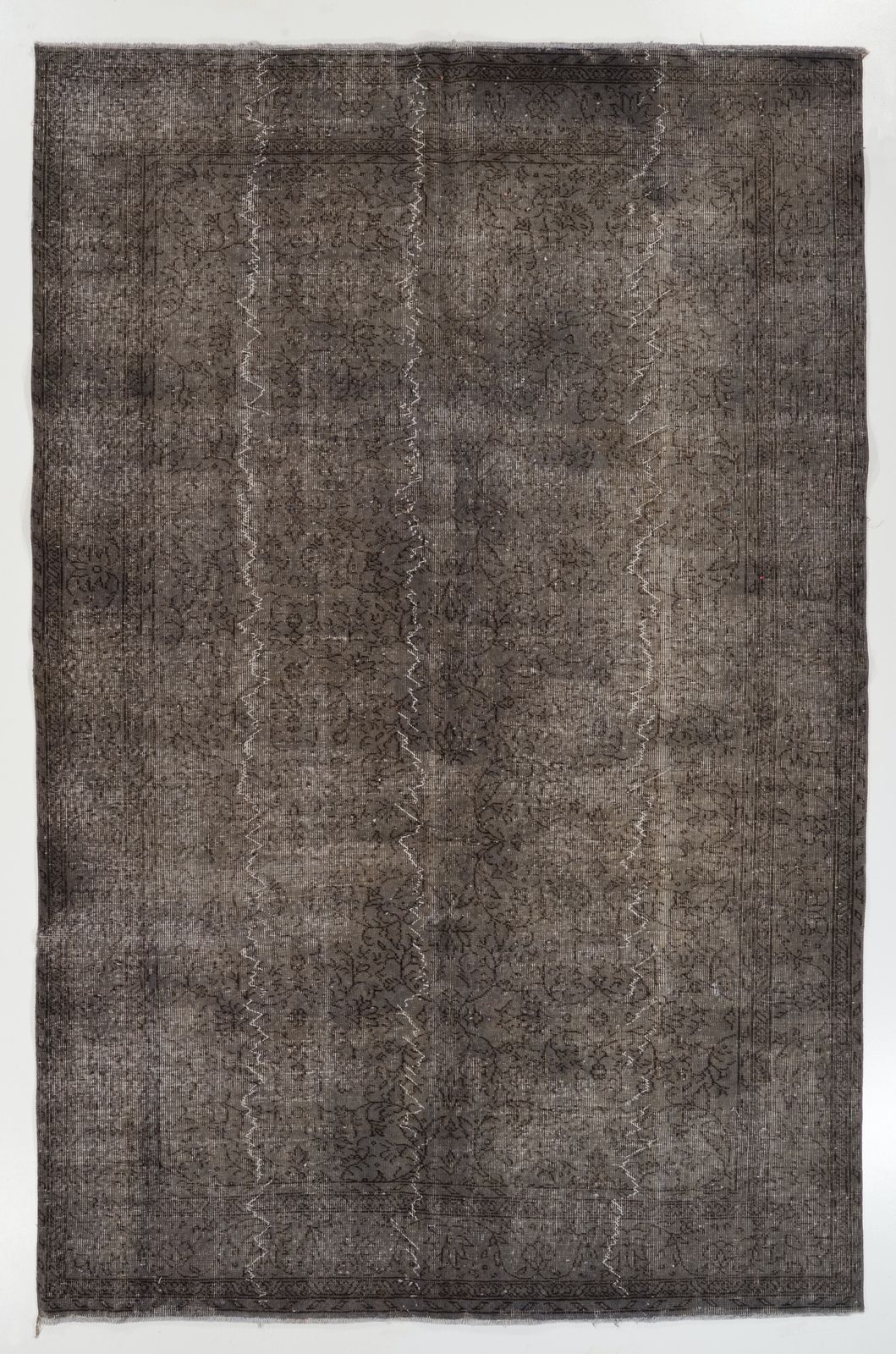 6.5x9.7 Ft Mid Century Area Rug Overdyed In Gray, Handknotted In Turkey