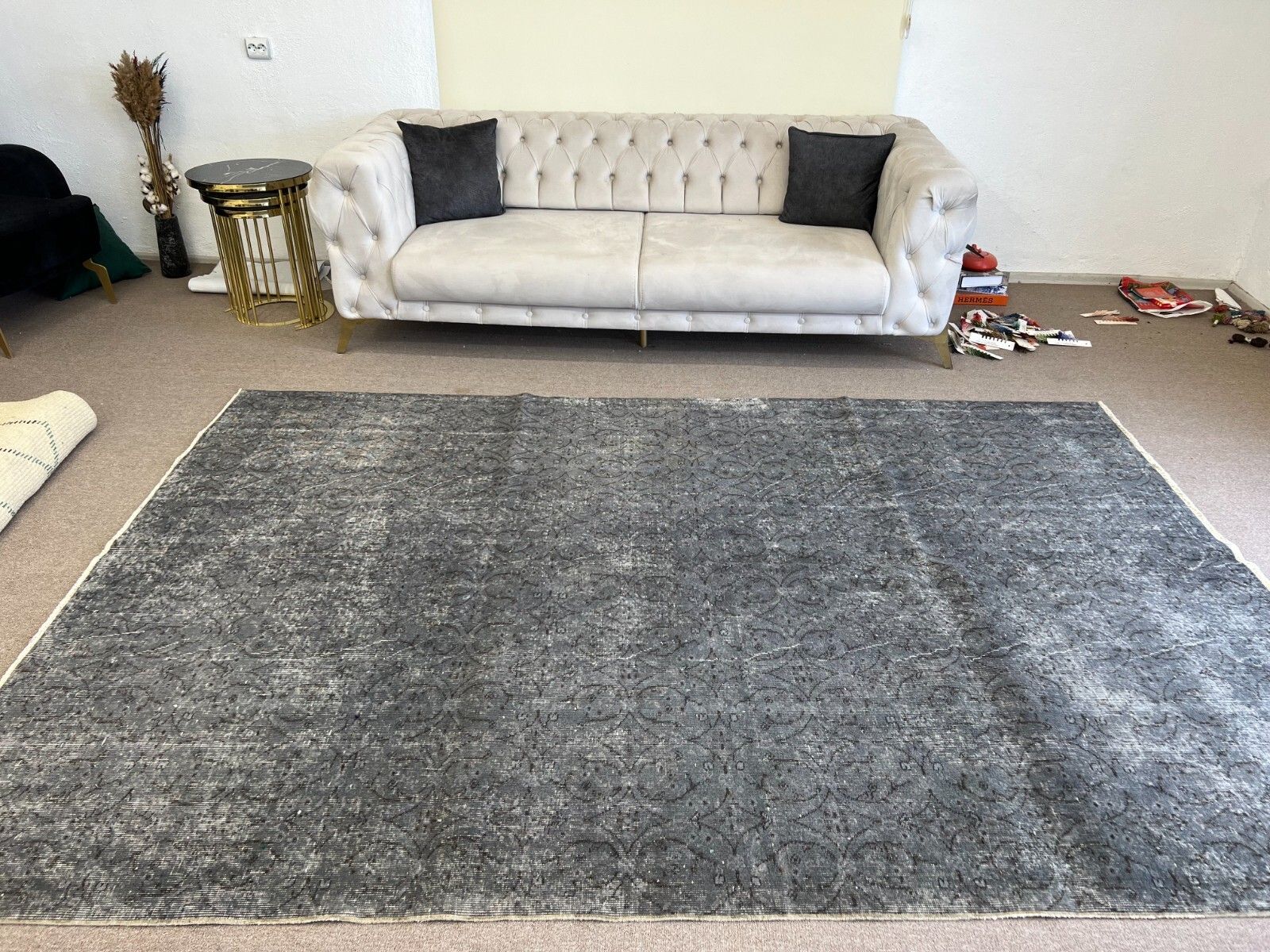 6.9x10 Ft Distressed Vintage Area Rug Overdyed In Gray, Handknotted In Turkey photo Textiles