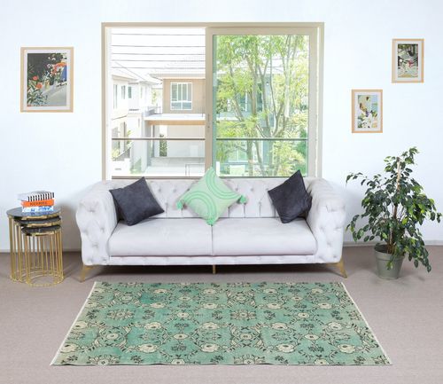 3.8x6.8 Ft Green Color Handmade Turkish Accent Rug With Flower Design photo furniture