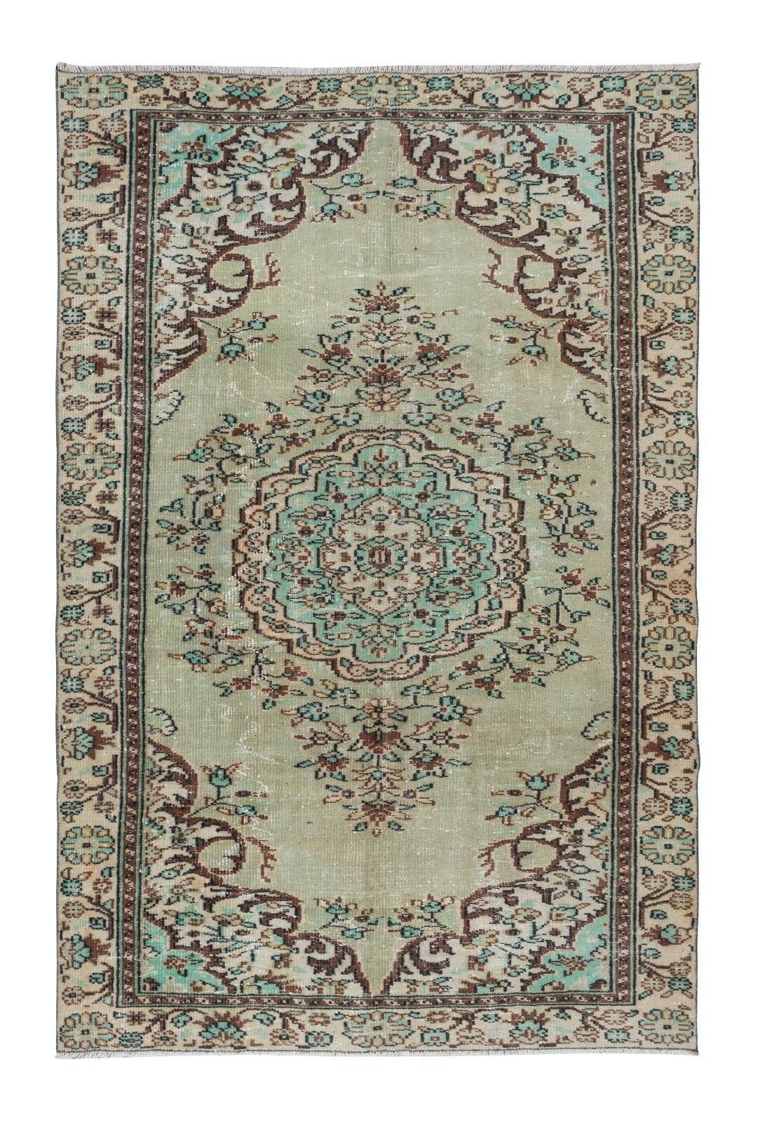 5.8x9.2 Ft Unique Handmade Turkish Area Rug, Green Modern Wool Carpet