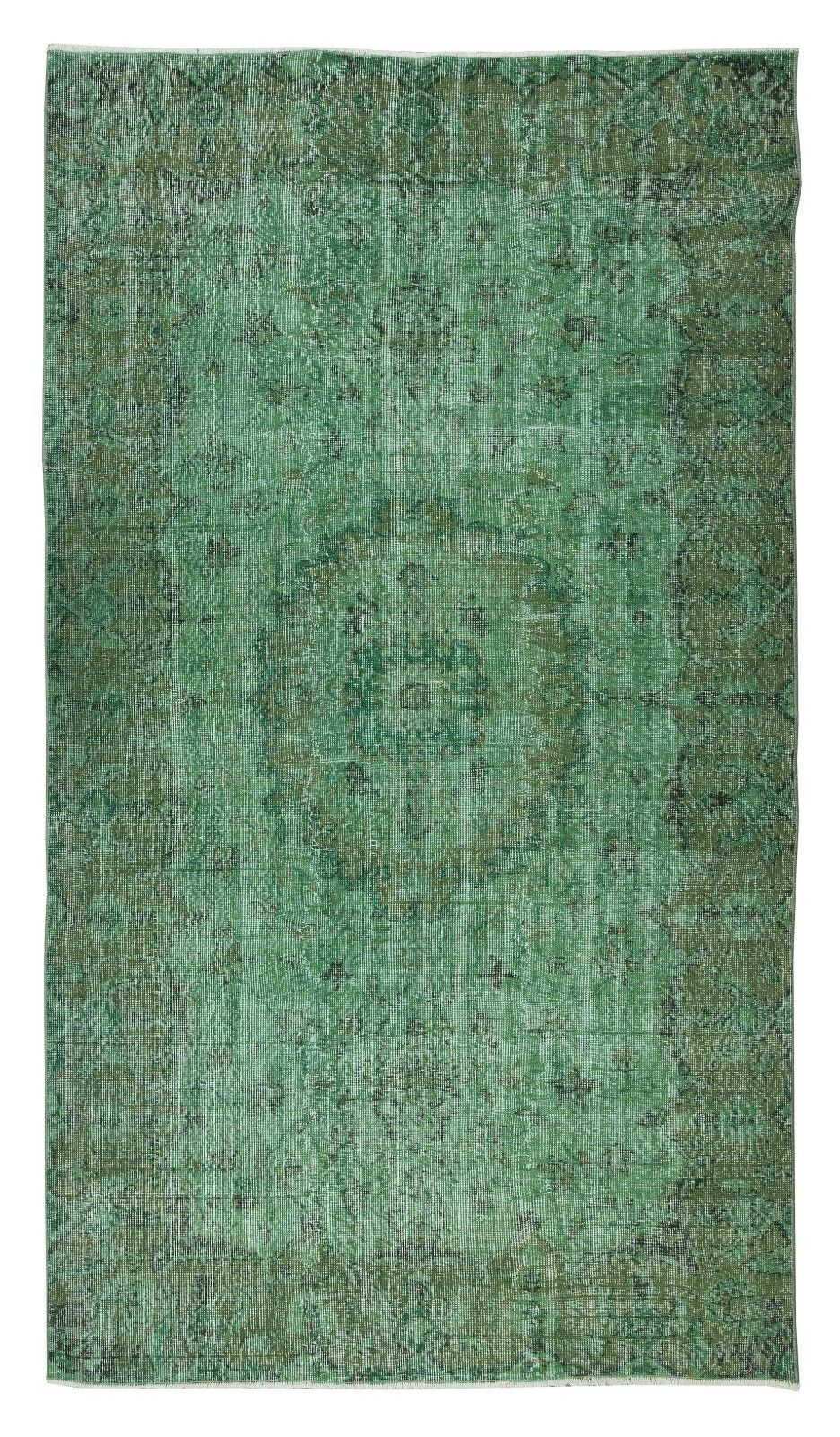 5.6x9.8 Ft Handmade Vintage Turkish Rug Over Dyed In Green For Modern Interiors