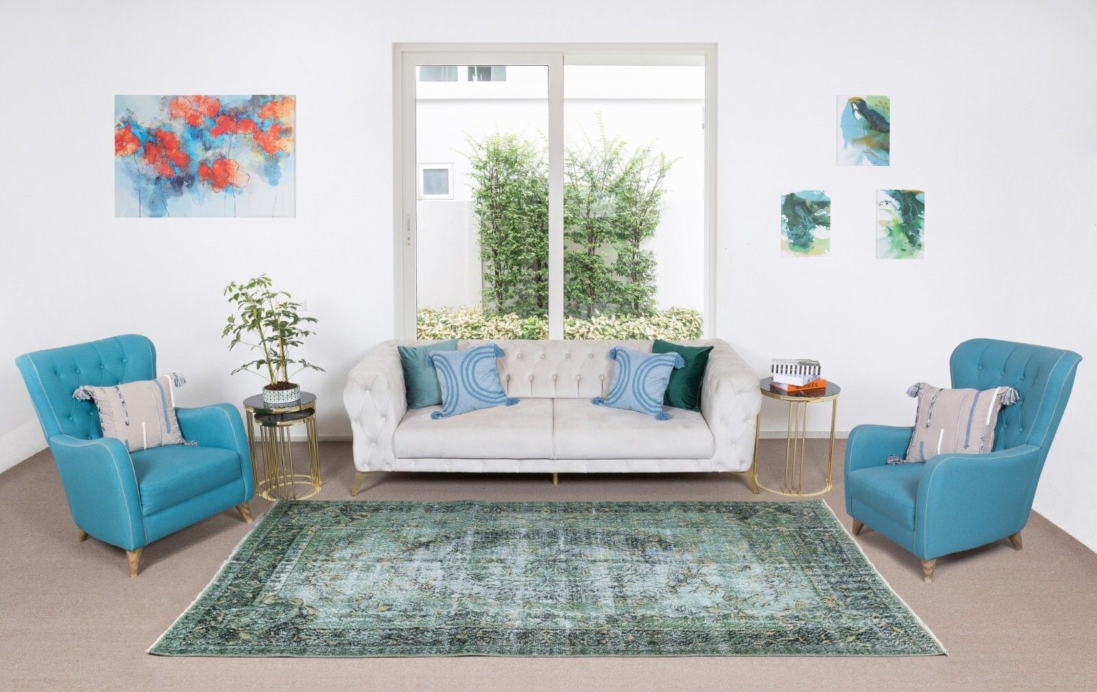 6x9.5 Ft Modern Green Area Rug, Hand Knotted Turkish Vintage Wool Carpet photo furniture