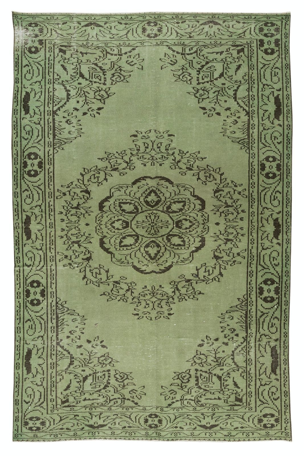 5.4x8.4 Ft Vintage Handmade Turkish Wool Area Rug Over Dyed In Light Green