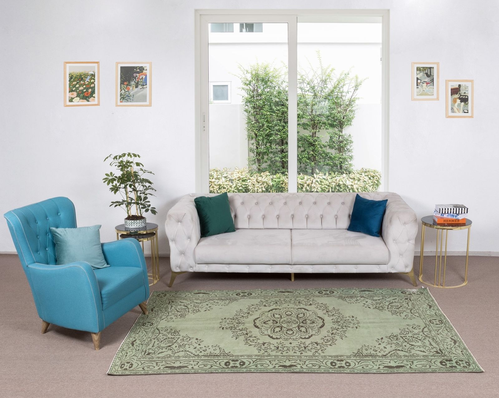 5.4x8.4 Ft Vintage Handmade Turkish Wool Area Rug Over Dyed In Light Green photo furniture