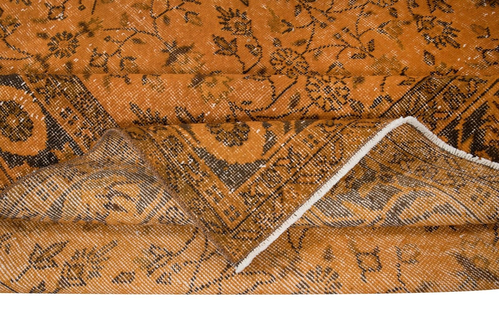 6.7x10.5 Ft Handmade Rug With All Over Botanical Design, Orange Turkish Carpet photo for sale