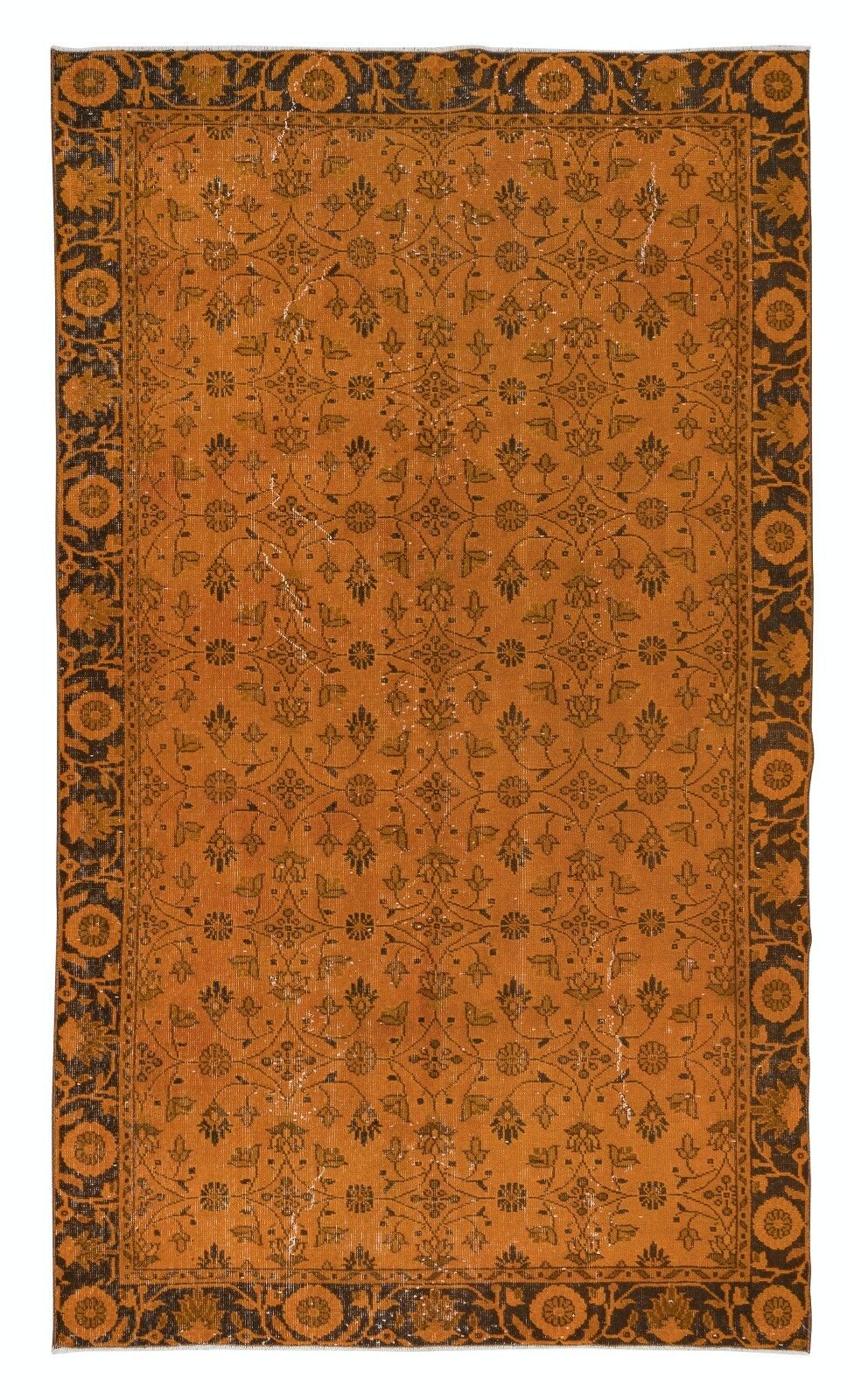 5.6x9.3 Ft Orange Handmade Turkish Rug With All Over Botanical Design