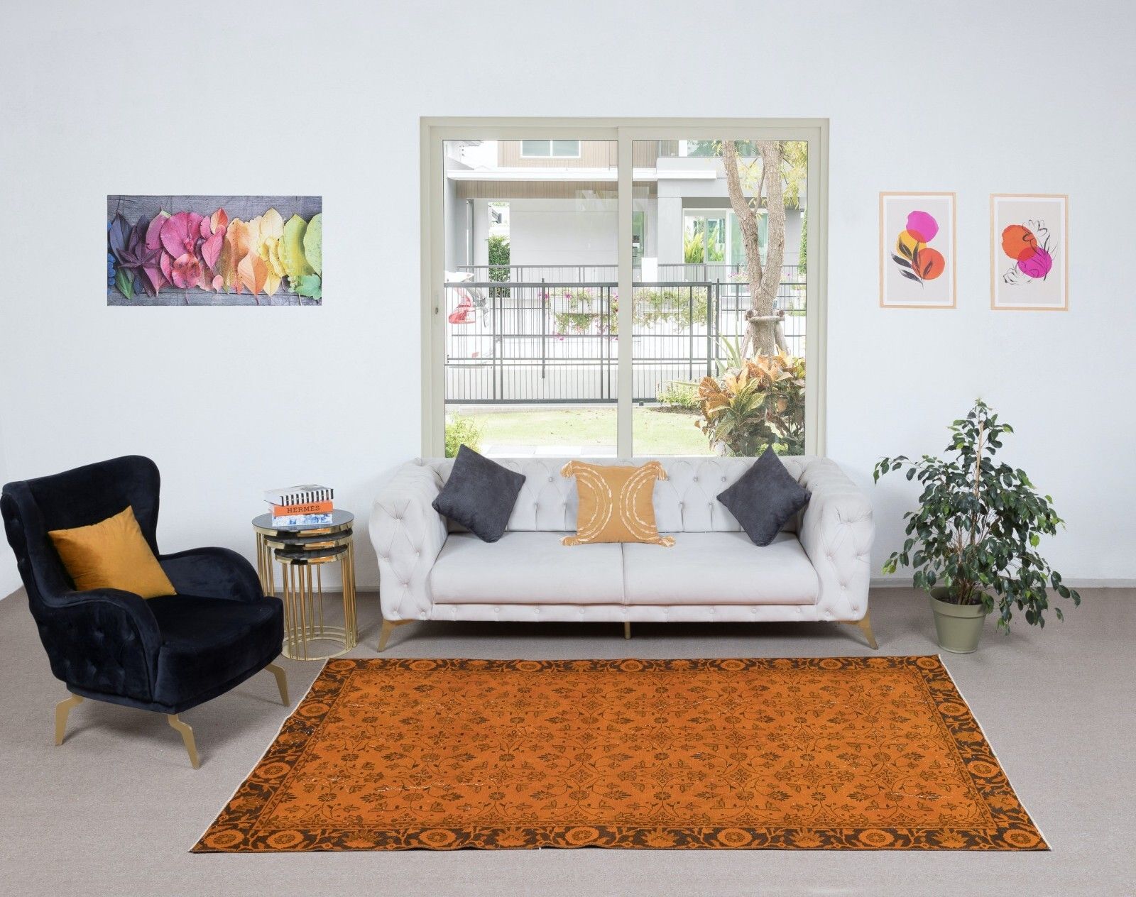 5.6x9.3 Ft Orange Handmade Turkish Rug With All Over Botanical Design photo furniture