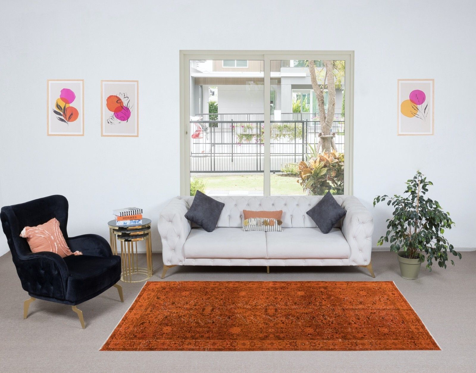 4.8x8.3 Ft Handmade Orange Area Rug From Turkey, Modern Anatolian Wool Carpet photo furniture