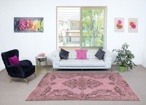 6.4x9.4 Ft Pink Area Rug For Modern Interiors, Hand Knotted In Turkey photo furniture