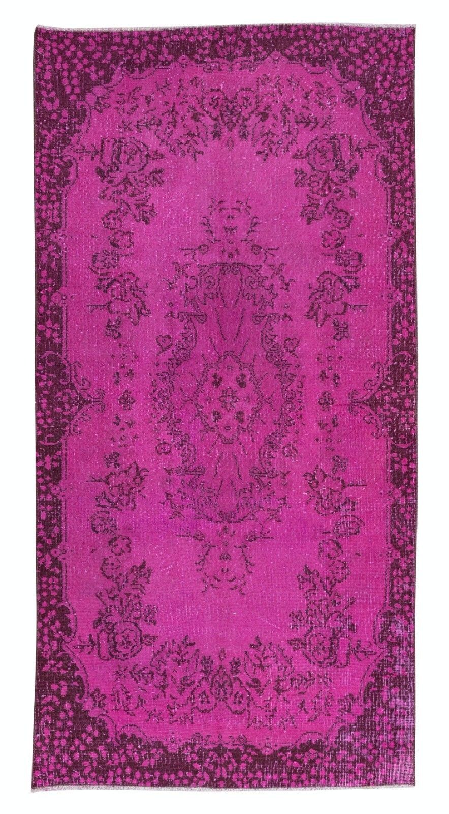 3.8x7.3 Ft Hot Pink Anatolian Wool Rug With Medallion, Modern Handmade Carpet