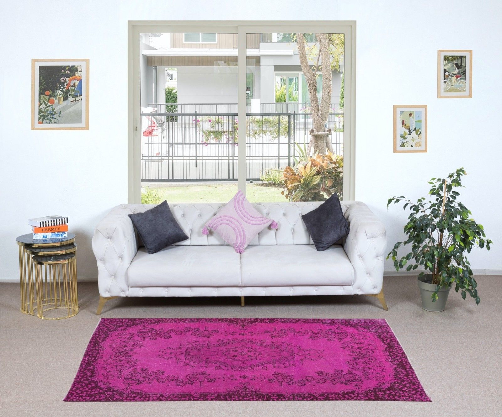 3.8x7.3 Ft Hot Pink Anatolian Wool Rug With Medallion, Modern Handmade Carpet photo furniture