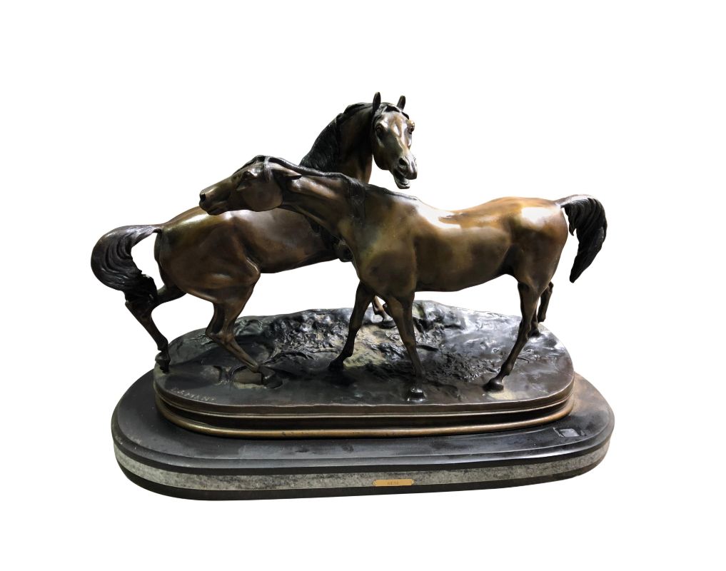 French Patinated Miniature Bronze Figure Of Two Horses By P.J. Mene