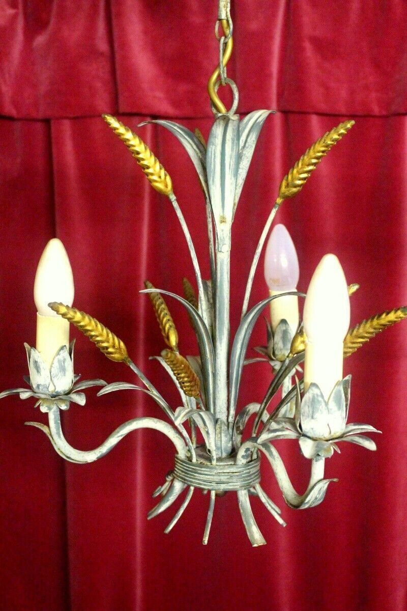 Metal Wheat Sheaf Chandelier Vintage Italian Tole Were Light 3 Arms photo Lighting