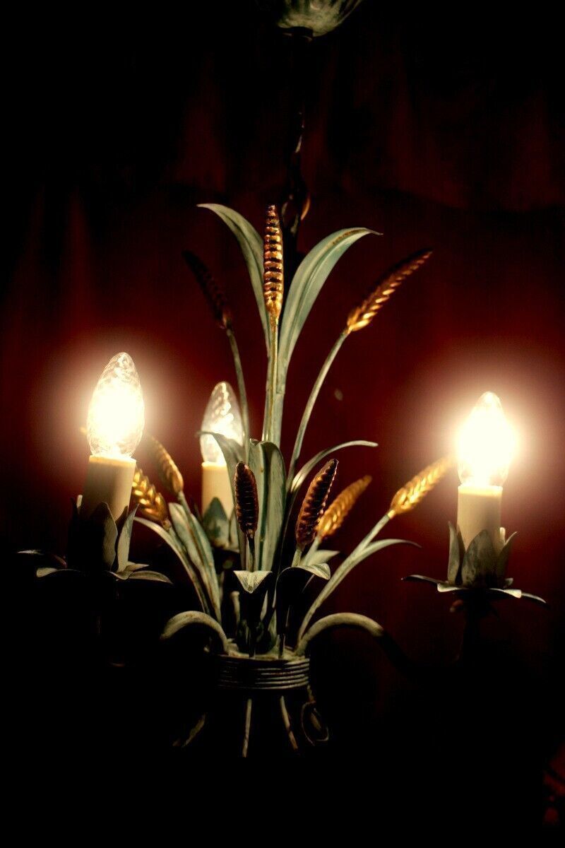 Lighting Metal Wheat Sheaf Chandelier Vintage Italian Tole Were Light 3 Arms photo