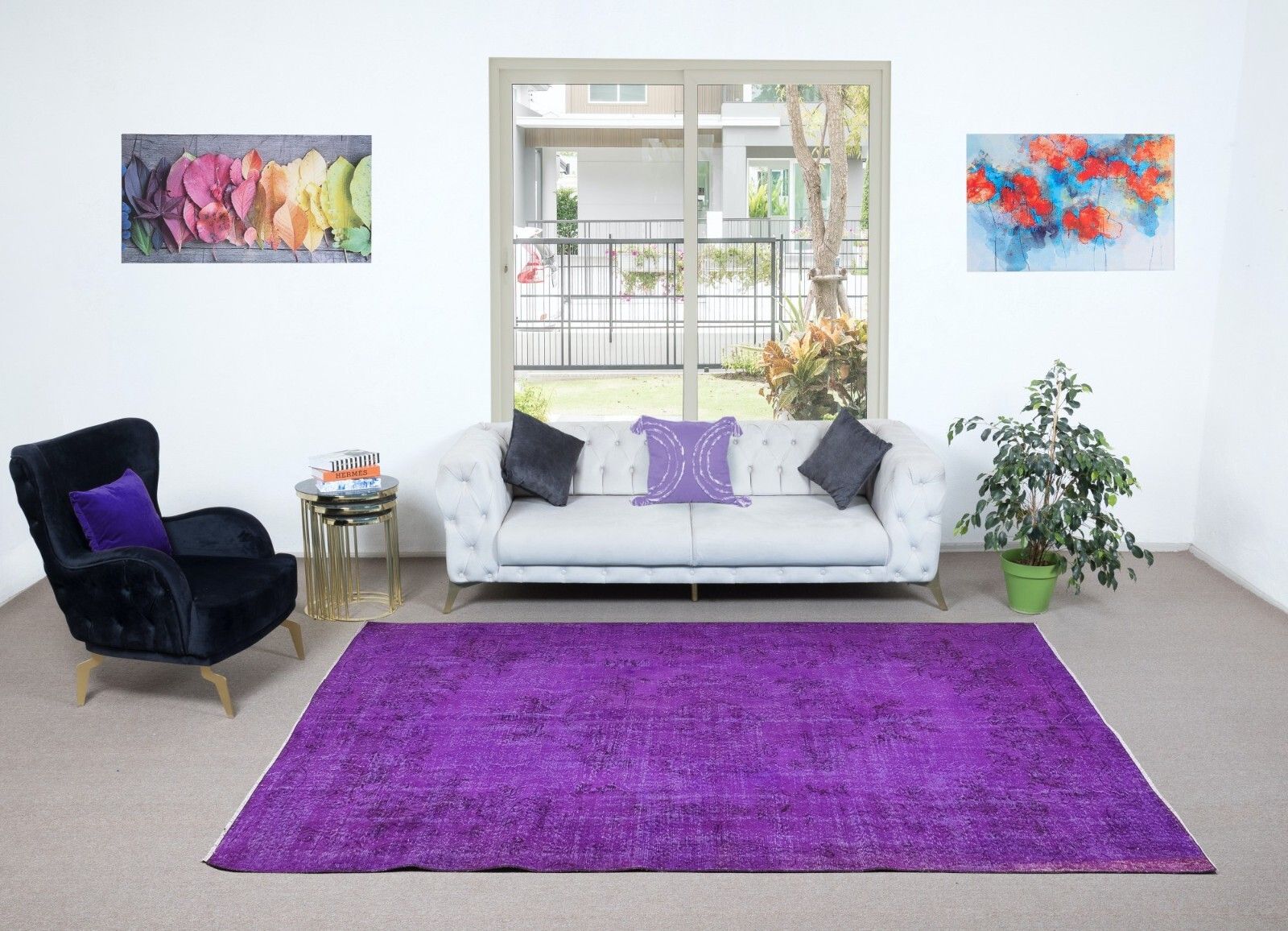 6.7x10 Ft Handmade Turkish Rug, Modern Violet Purple Carpet, Bohemian Home Decor photo furniture